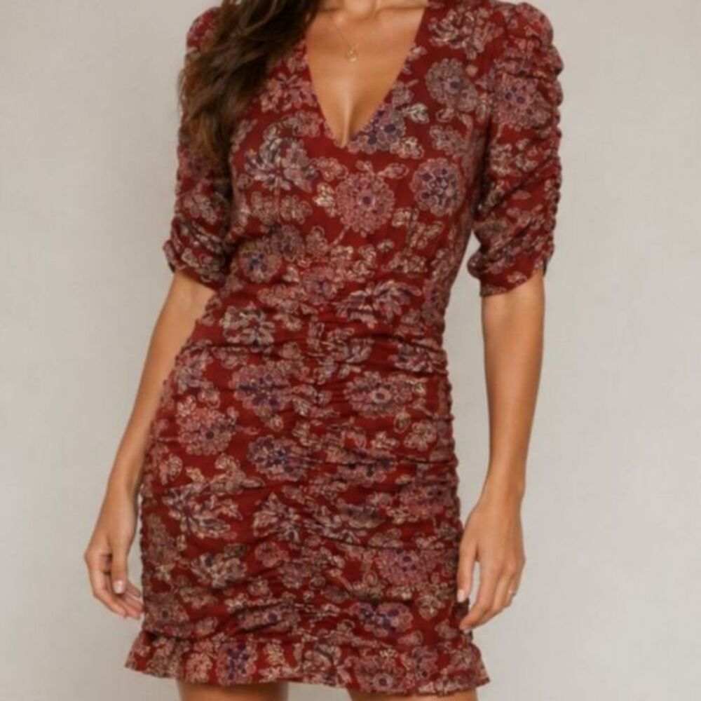 Veronica Beard Josephine Floral Ruched Mini Dress Rust Red Small 4 EUC